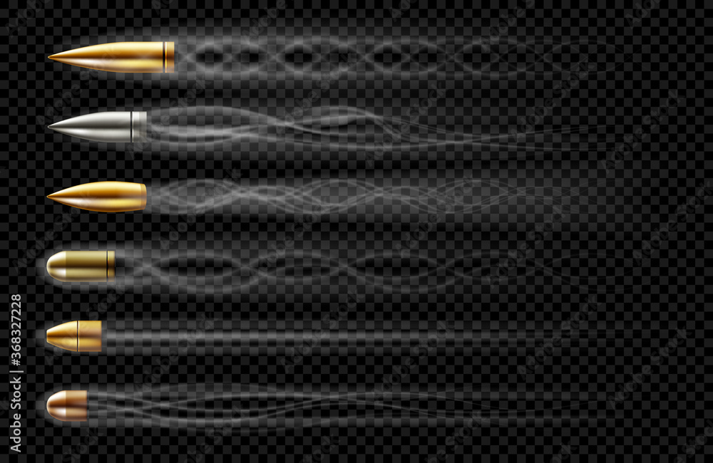 Flying bullets with smoke traces from gun shot. Vector realistic set of bullets different calibers fired from weapon, revolver or pistol with smoke trail isolated on transparent background