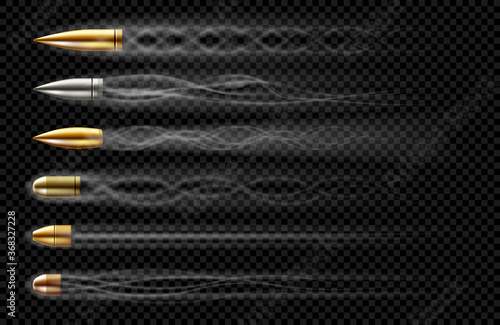Flying bullets with smoke traces from gun shot. Vector realistic set of bullets different calibers fired from weapon, revolver or pistol with smoke trail isolated on transparent background