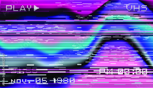 Abstract background with pixel noise artifacts. Glitched old-school screen with digital datamoshing VHS effect, an old analog video recording on tape cassette.