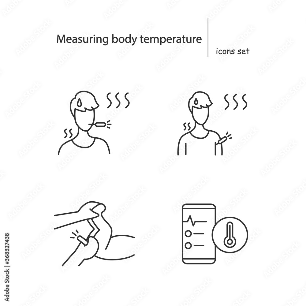Measuring body temperature icons set. Linear pictograms for person heat