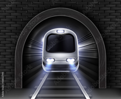Modern subway train in tunnel. Vector realistic illustration of front wagon of passenger speed train, stone arch in brick wall and rails. Underground electric railway transport