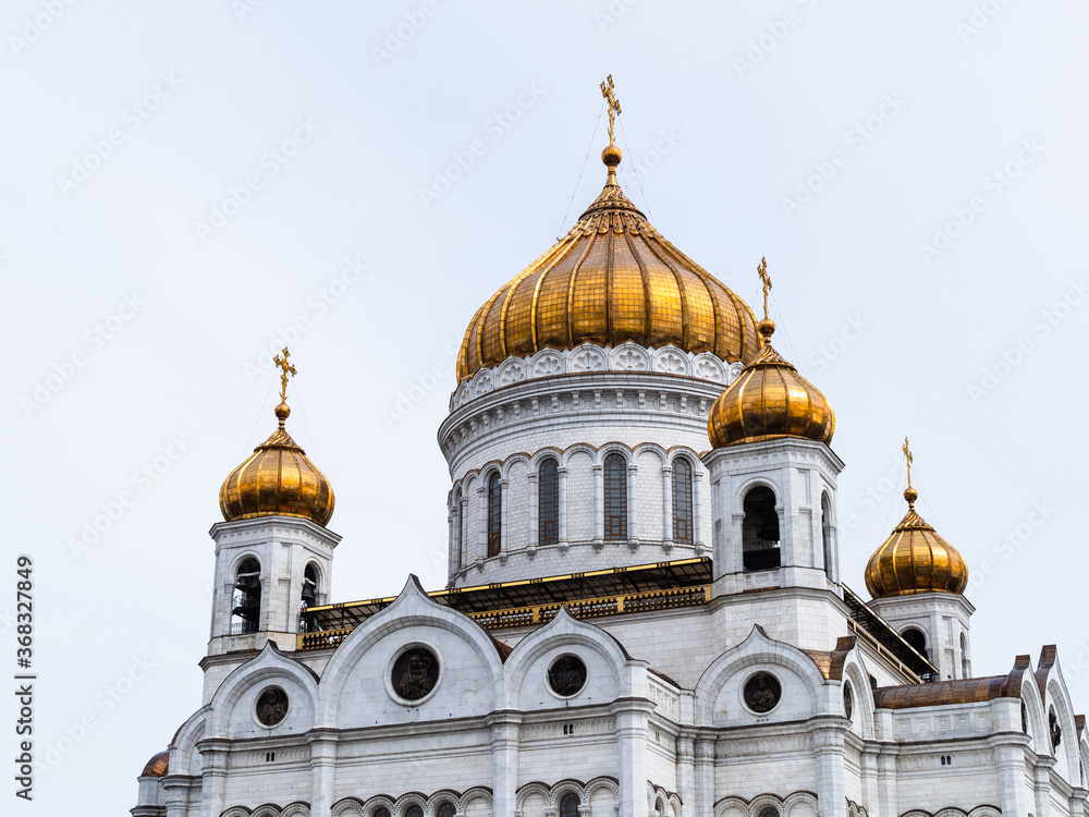 view of cupola of Cathedral of Christ the Saviour in Moscow city on cloudy summer day