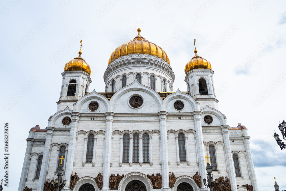 North facade of Cathedral of Christ the Saviour in Moscow city on cloudy summer day
