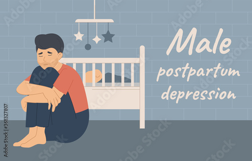 Male Postpartum postnatal depression PPD. Tired sad man sits near the cradle with a newborn baby. The young father is on the floor and hugs his knees. Flat vector illustration on a blue background