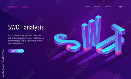 Swot isometric landing page with abbreviation of words Analysis, Strengths, Weaknesses, Opportunities, Threats. Business Concept, 3d Letters Standing and Lying on Purple Background, Vector web banner