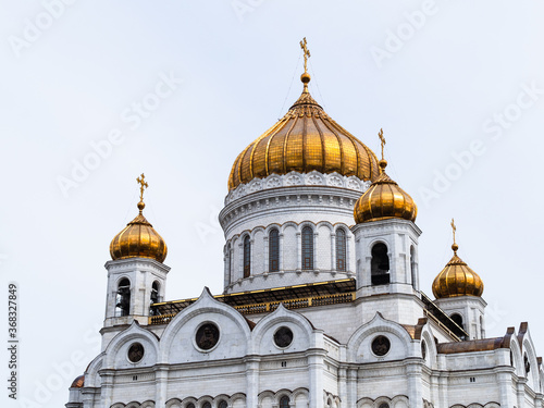view of cupola of Cathedral of Christ the Saviour in Moscow city on cloudy summer day