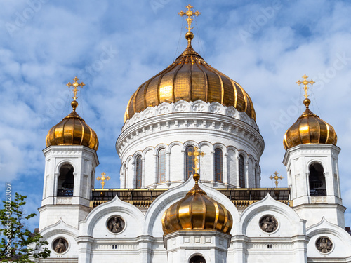 west facade of Cathedral of Christ the Saviour in Moscow city in sunny summer evening