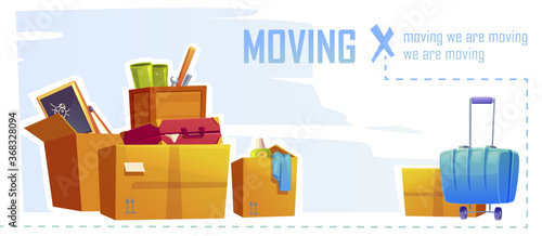 House moving banner with illustration of cardboard boxes and suitcase. Vector cartoon background with carton package for home things, tools, bags and stuff. Concept of relocation, apartment change