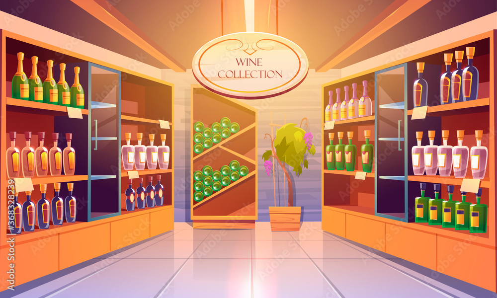 Wine shop, cellar interior with alcohol beverages collection, bottles on wooden shelves. Store in building basement with potted grapes vine, tiled floor and glow lamps. Cartoon vector illustration - obrazy, fototapety, plakaty 