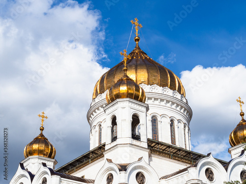towers of Cathedral of Christ the Saviour in Moscow city on sunny summer day