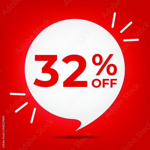 32% off. Banner with thirty-two percent discount. White bubble on a red background vector.