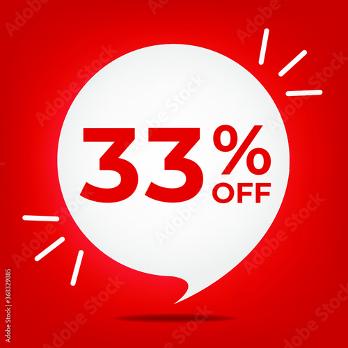 33% off. Banner with thirty-three percent discount. White bubble on a red background vector.