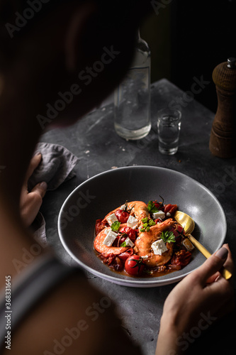 Shrimp saganaki with feta and parsley 