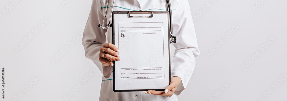 Medical documents. Doctor with stethoscope at hospital. Girl with folder. Nurse hold patient medical chart. Information data. Therapist in uniform. Medical history prescription. Woman work at clinic. - obrazy, fototapety, plakaty 