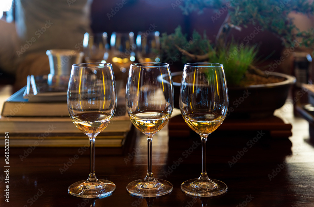 Set up of three glasses of white wine (Sauvignon Blanc and Chardonnay) for a wine tasting, South Africa. Set up of three glasses of white wine (Sauvignon Blanc and Chardonnay) for a wine tasting, South Africa.