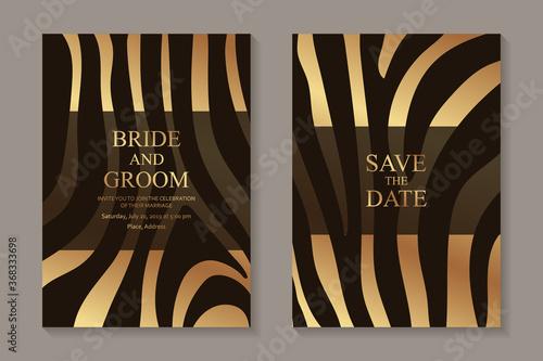 Modern luxury wedding invitation design or card templates for birthday greeting or certificate or cover with golden and black zebra's stripes.