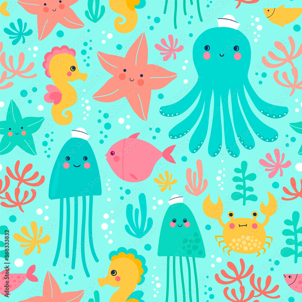 Obraz premium Vector illustration with marine life. Seamless pattern with octopus, fish, sea star, seahorse, jellyfish and water plants.