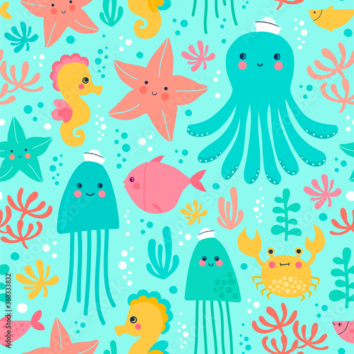 Vector illustration with marine life. Seamless pattern with octopus, fish, sea star, seahorse, jellyfish and water plants.