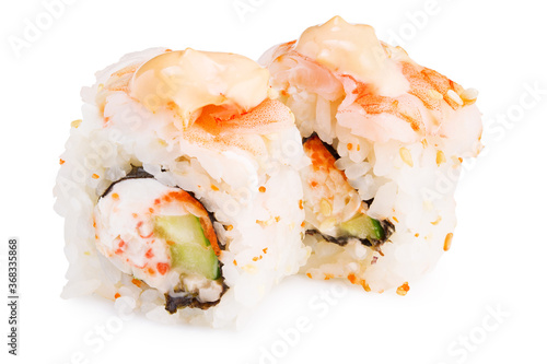 Sushi roll (California) with crab meat, avocado, cucumber isolated on white background. Japanese food