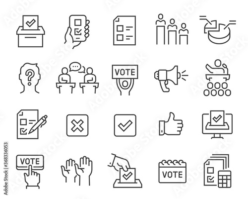 Voting and Election Icons Set. Collection of linear simple web icons such as Form, Online Voting, Debate, Candidate Rating, Vote Count and others. Editable vector stroke. photo