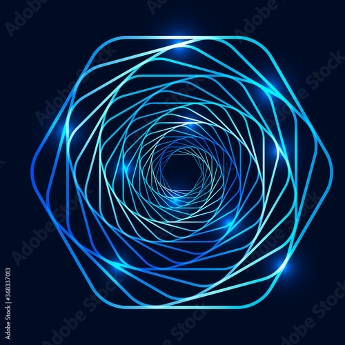 Swirling lighting symbol. Optical illusion. Twisted hexagon. 3D wireframe abstract tunnel. Vector illustration.