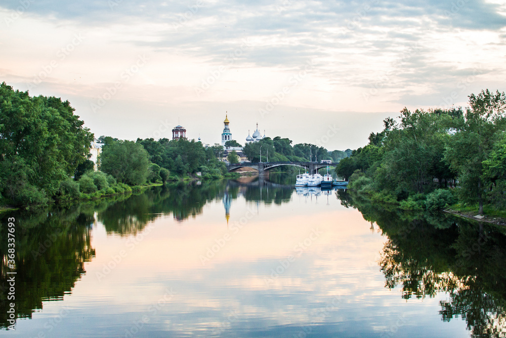 Summer River cityscape of small russian town