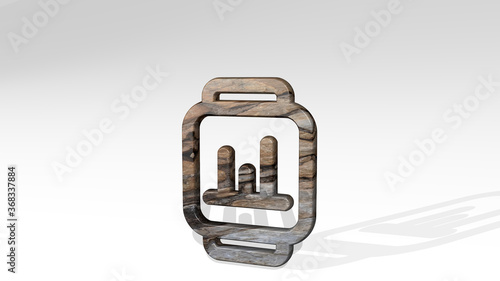 SMART WATCH SQUARE GRAPH made by 3D illustration of a shiny metallic sculpture casting shadow on light background. phone and business