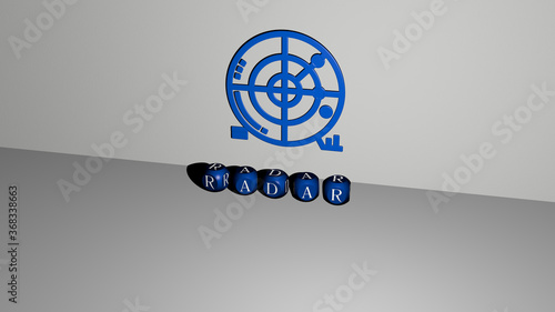 Wallpaper Mural 3D representation of RADAR with icon on the wall and text arranged by metallic cubic letters on a mirror floor for concept meaning and slideshow presentation. illustration and background Torontodigital.ca