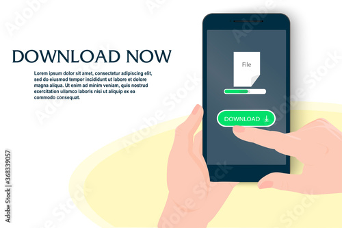 Downloading an electronic file over the internet. A hand holds a mobile phone by pressing the download button on a touch screen. The client saves the file to a personal smartphone. Vector image.