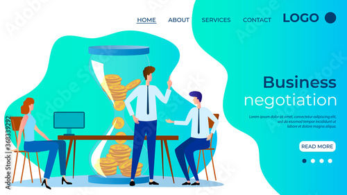 Business negotiation.People discuss solutions to business problems.Teamwork.Discussion of the agreement.People on the background of a large hourglass.The template of the landing page.Flat vector illus