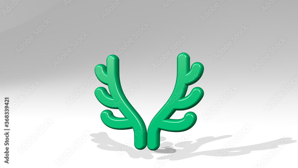 Obraz premium DEER ANTLERS made by 3D illustration of a shiny metallic sculpture with the shadow on light background. animal and christmas