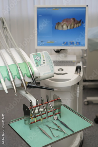 Orthodontic tools for braces on dental office background photo