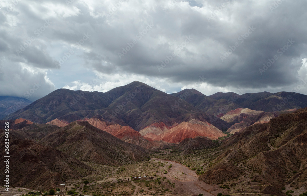 Fototapeta premium Desert landscape. Aerial view of the colorful mountains and valley in Tilcara, Argentina.
