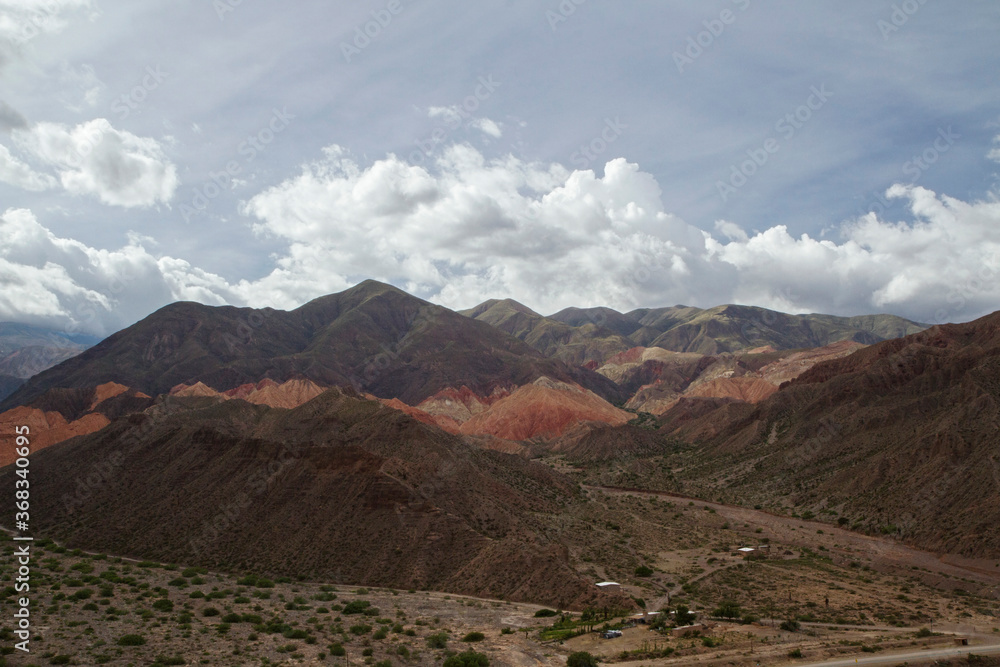 Aerial view of the colorful mountains, desert and valley in Tilcara, Argentina.