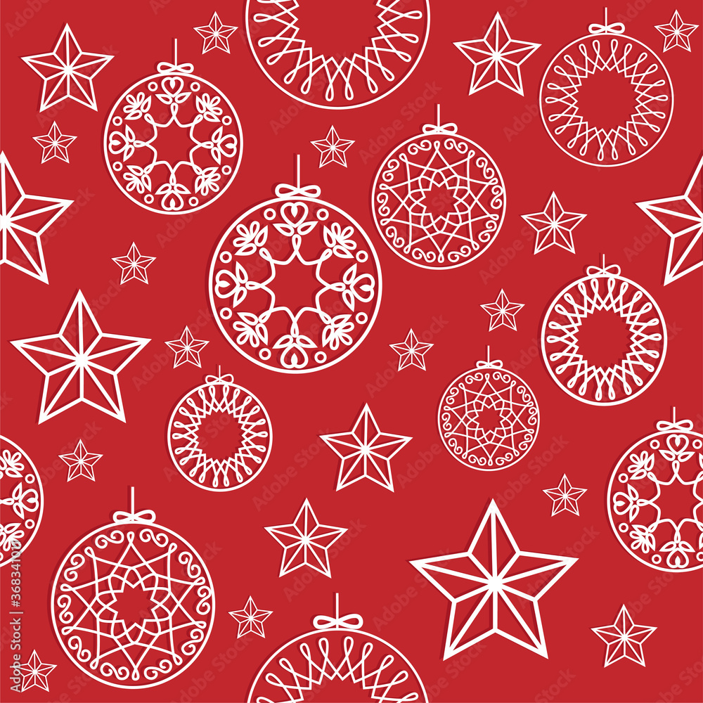 Christmas seamless pattern vector. Delicate paper cut like texture. White and red design with Christmas balls and stars.
