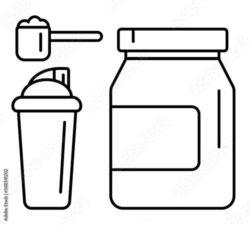 Sport nutrition supplement drink vector linear icons set. Whey protein package, scoop and shaker illustration.