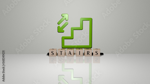3D illustration of stairs graphics and text made by metallic dice letters for the related meanings of the concept and presentations. architecture and background