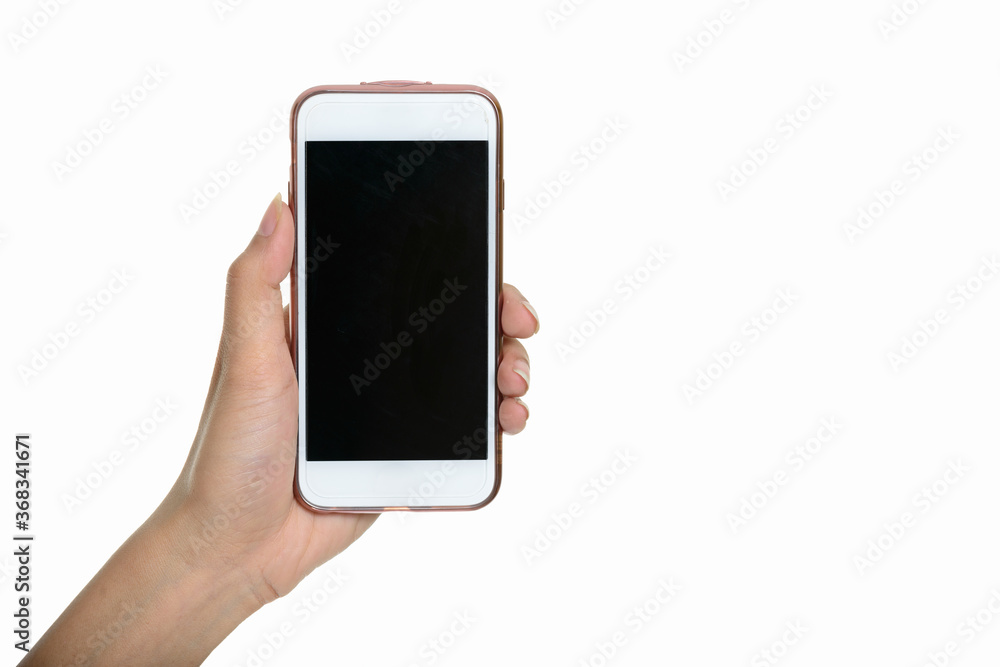 Portrait of hand holding smart phone against white background Portrait of hand holding smart phone against white background