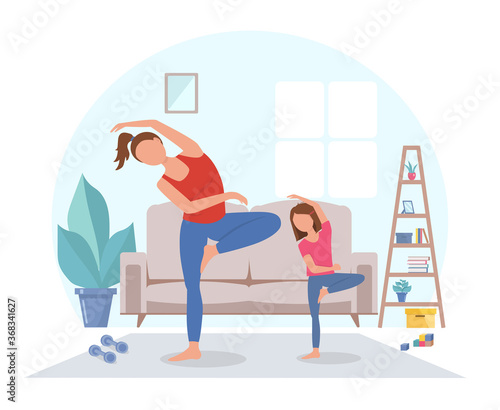 Mom and daughter do physical exercises together in cozy modern interior. Vector illustration in flat style