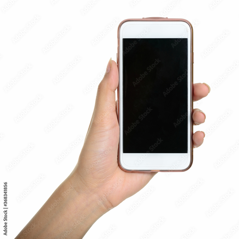 Portrait of hand holding smart phone against white background Portrait of hand holding smart phone against white background
