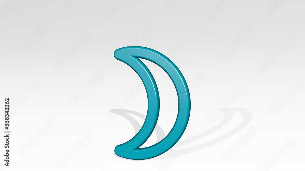 NIGHT MOON NEW from a perspective with the shadow. A thick sculpture made of metallic materials of 3D rendering. background and city