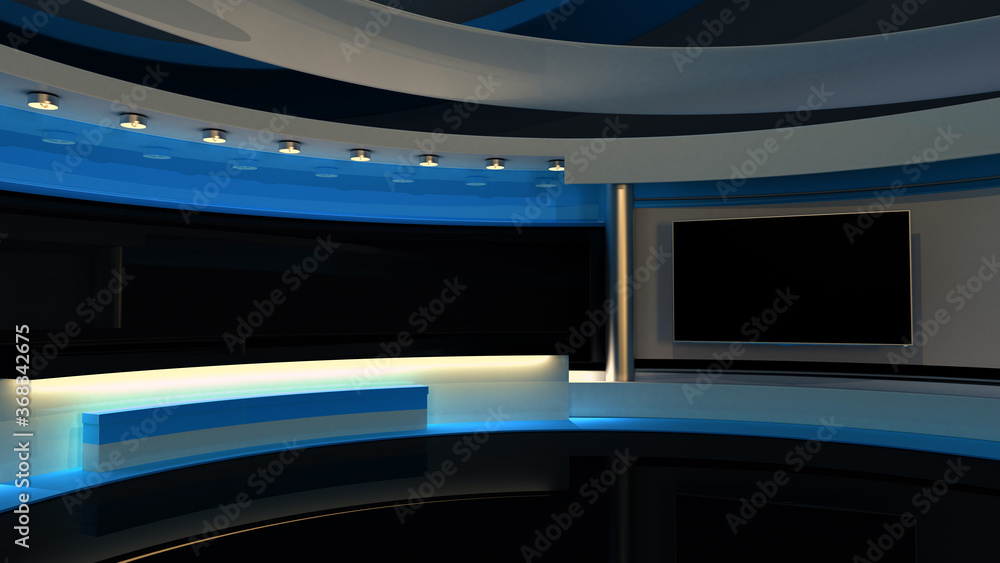 Tv Studio. Blue studio. Backdrop for TV shows .TV on wall. News studio. The perfect backdrop for any green screen or chroma key video or photo production. 3D rendering. Tv Studio. Blue studio. Backdrop for TV shows .TV on wall. News studio. The perfect backdrop for any green screen or chroma key video or photo production. 3D rendering.