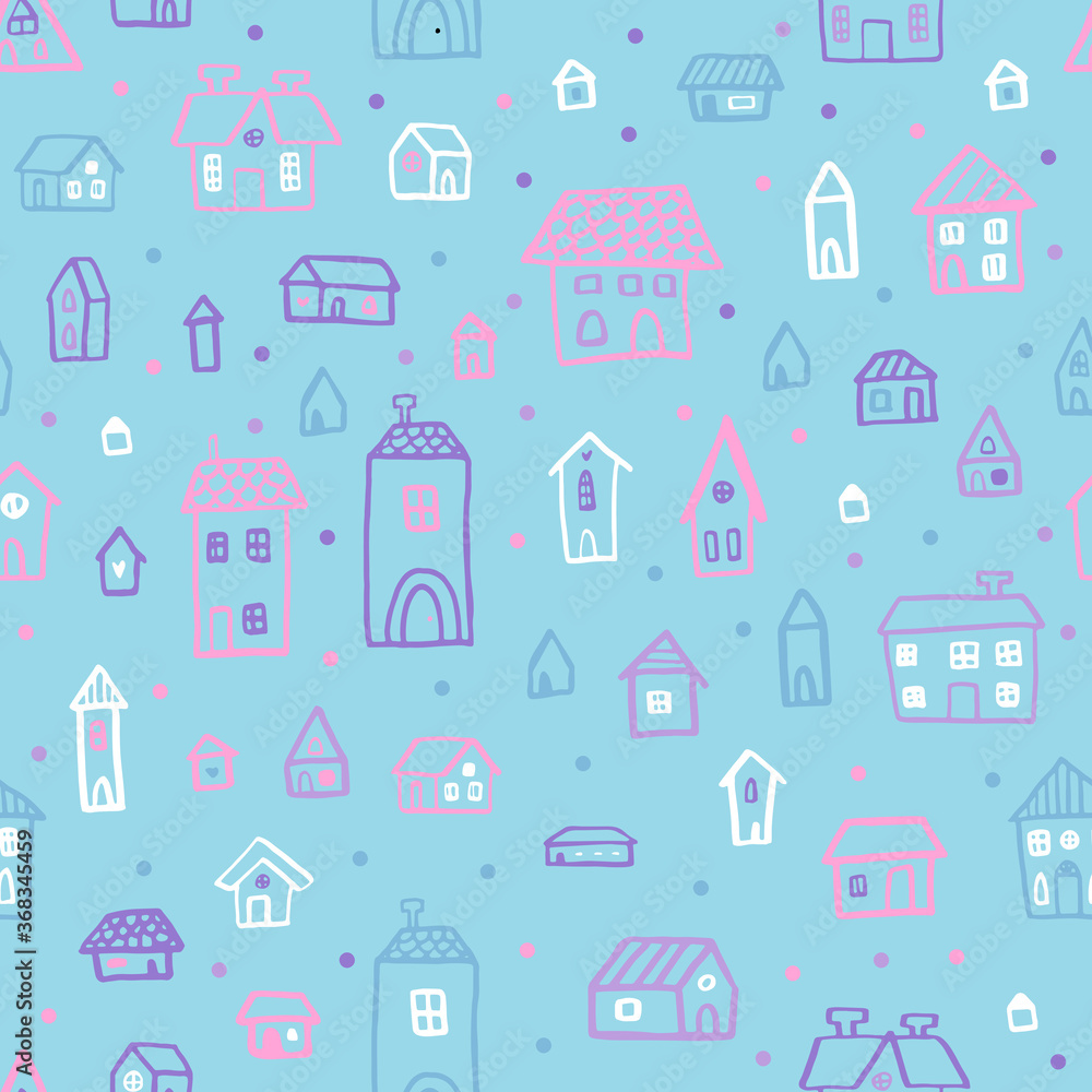 Vector seamless pattern with houses in doodle style. Stylish background for a nursery on blue background.