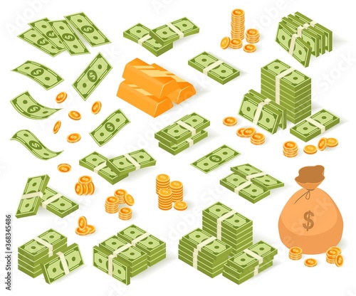 Isometric money vector illustration set. Cartoon collection of paper dollar banknotes, coin bag, gold bar money stack or pile. Cash currency investment capital, money treasure icons isolated on white