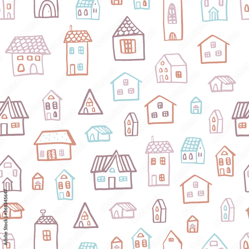 Vector seamless pattern with houses in doodle style. Stylish background for a nursery in Scandinavian colors.