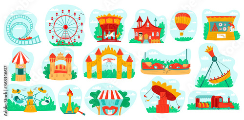 Amusement park with carousel vector illustration set. Cartoon flat fun carnival fair icons with roller coaster, air balloon, ferris wheel. Amusing park attractions for family rest isolated on white