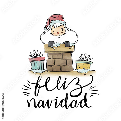 Feliz navidad lettering background with santa in chimney