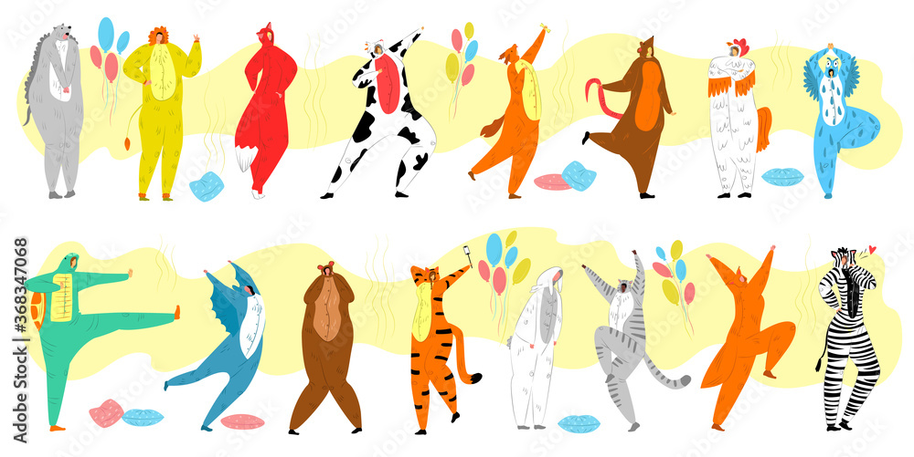 People in animal costume vector illustration set. Cartoon flat group of adult characters wearing cute animalistic colorful bear or turtle, fox or tiger, zebra costumes for fun party isolated on white