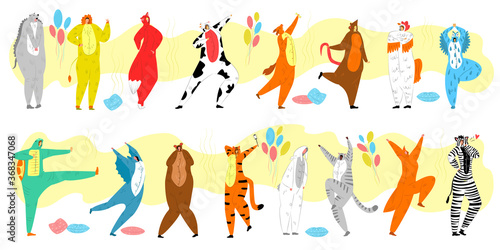 People in animal costume vector illustration set. Cartoon flat group of adult characters wearing cute animalistic colorful bear or turtle, fox or tiger, zebra costumes for fun party isolated on white