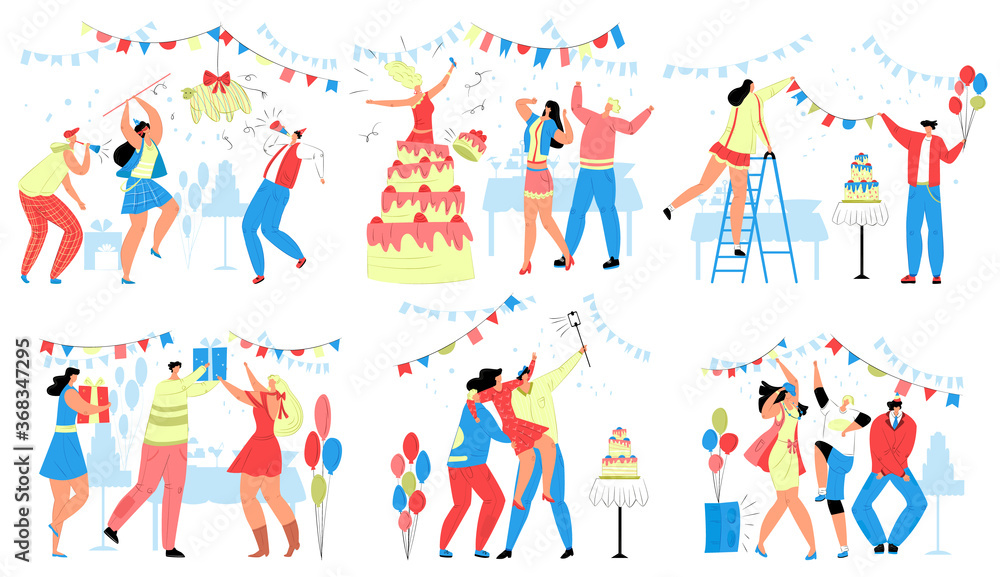 Happy people in birthday party vector illustration set. Cartoon flat man woman characters celebrate birthdate together, greeting with birthday cake, dancing. Fun party celebration isolated on white